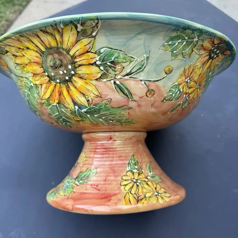 Vintage Sunflower Footed Pedestal Bowl Hand Painted Ceramic Centerpiece 12”
